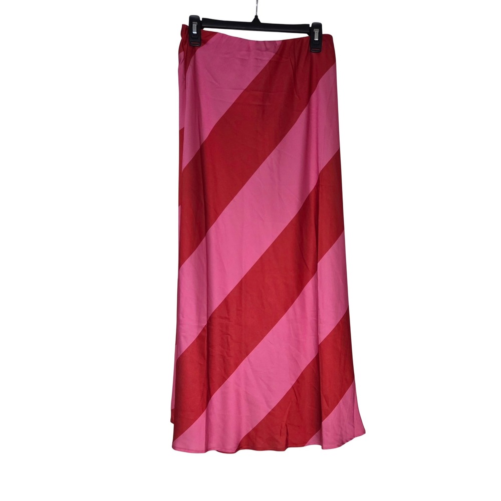 Petal & Pup Kailey Midi Skirt Red Pink Striped Satin High Waist Size L NWT - Picture 4 of 12